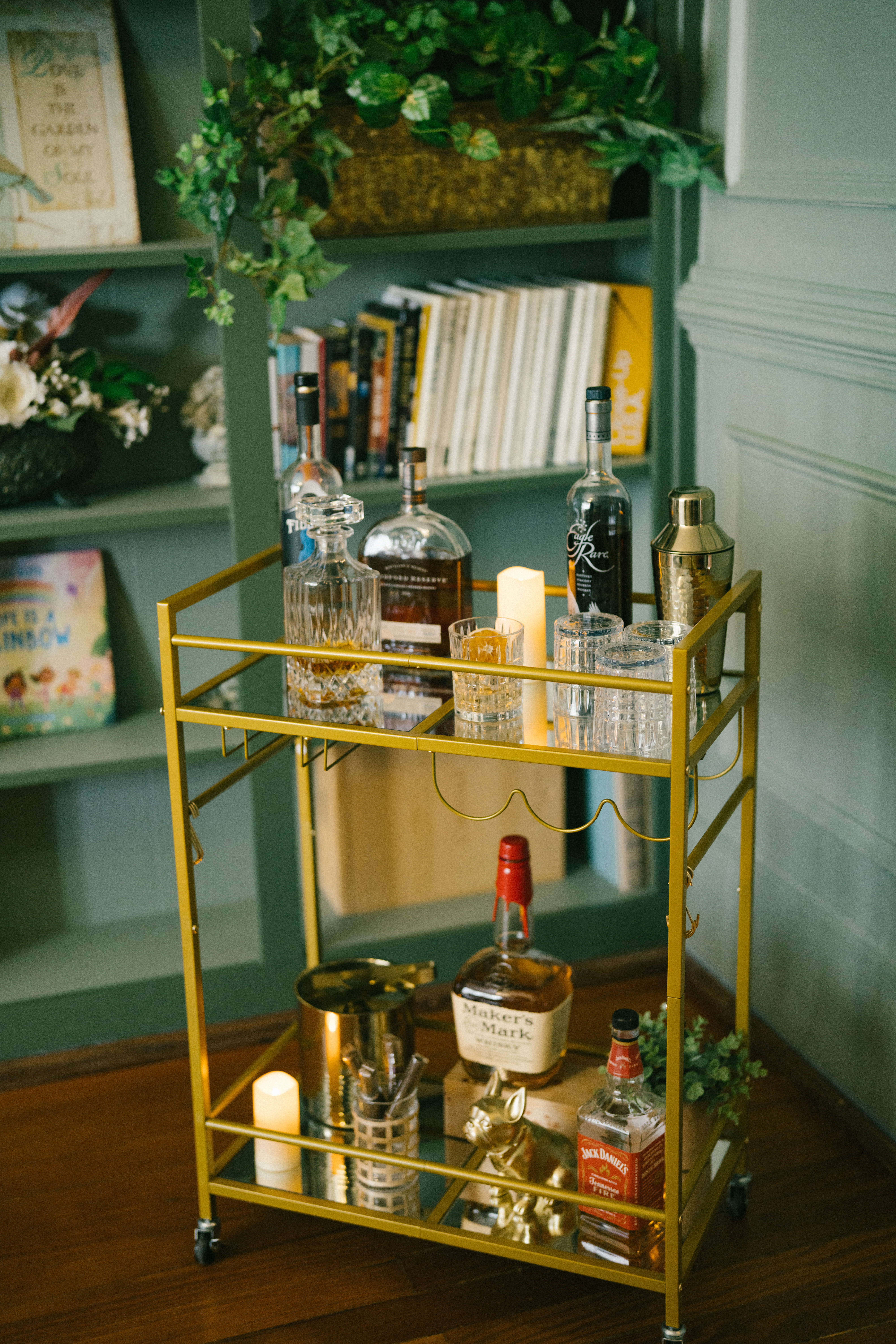 gold bar cart in sitting room