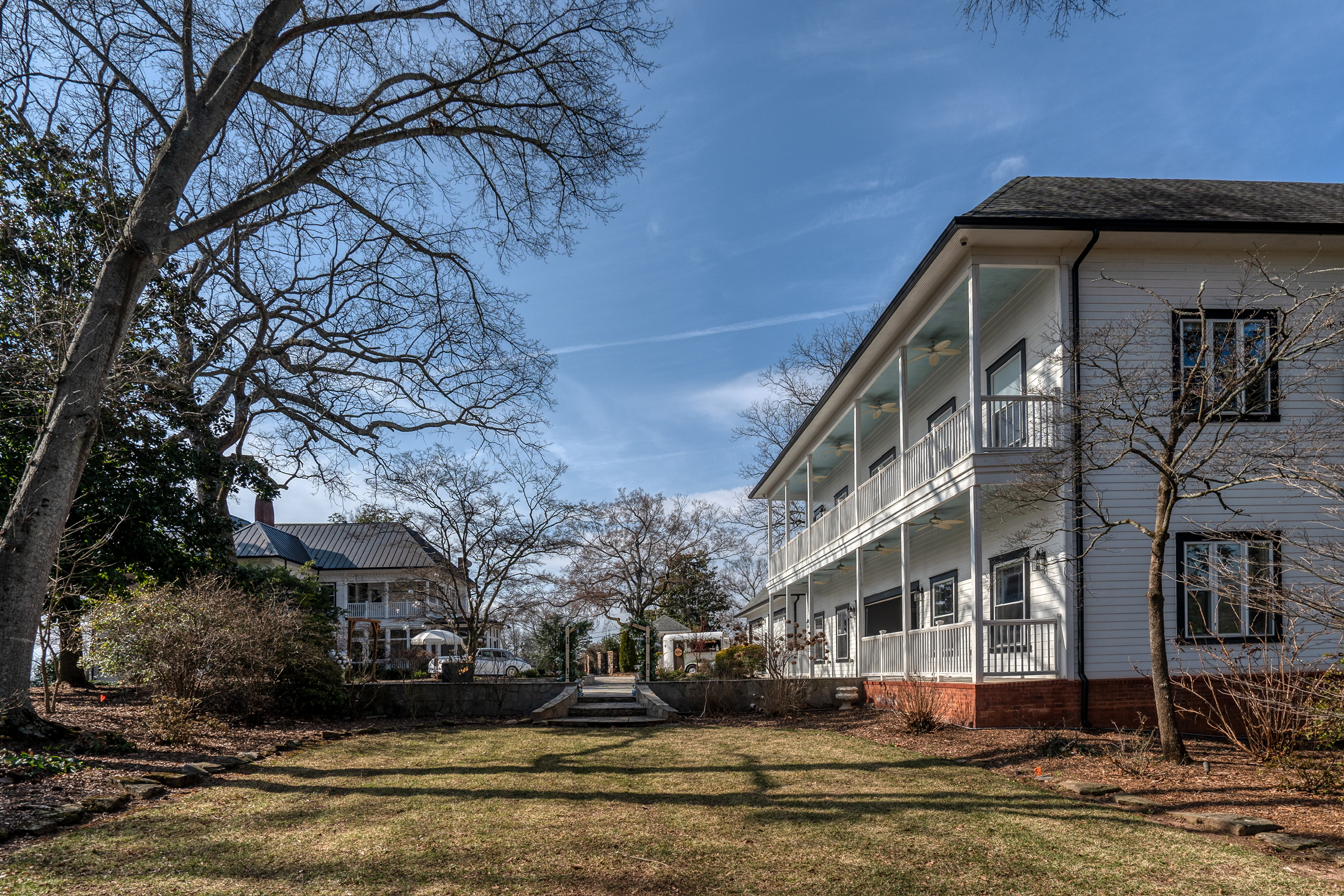 front porches overlooking lawn at stonehedge estate